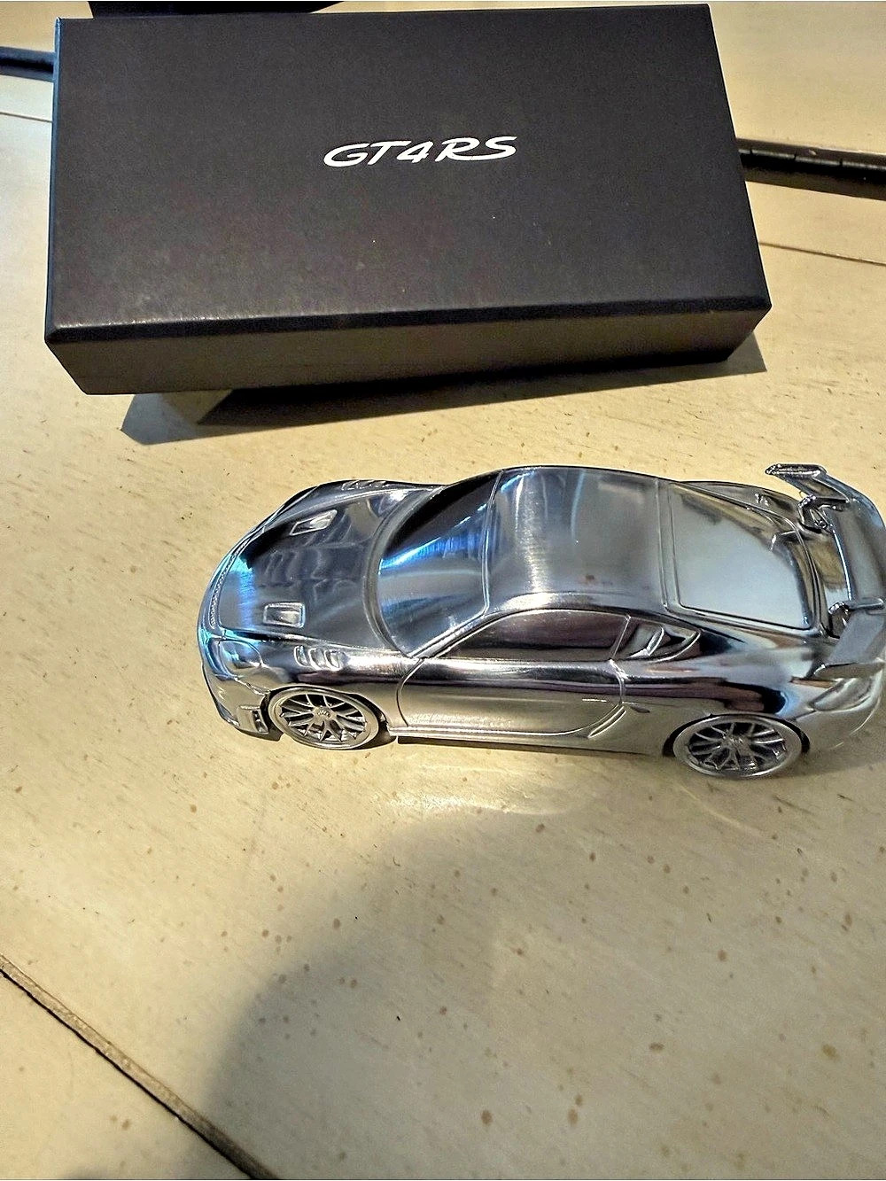 Porsche 718 Cayman GT4 RS 1:43 Aluminum Chrome Paperweight Silver & Black Model